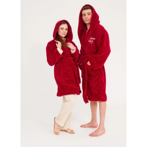 Uzun Kapüşonlu Welsoft Bordo Peluş Sabahlık Aile Seti