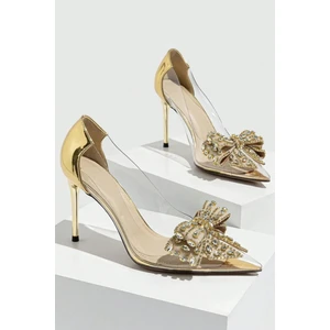 Trendy Anka Lady Princess Gold Altın Şeffaf Nude Fiyonk Toka Taşlı 8 cm Ince Topuklu Düğün Nişan Abiye Ayakkabı