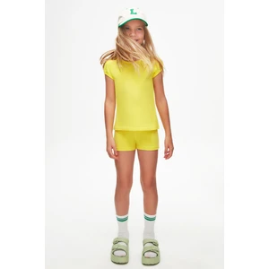 Fosforlu Sarı Basic Kız Çocuk Sıfır Yaka Karpuz Kol Tişört