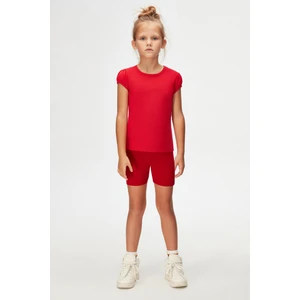 Açık Kırmızı Basic Kız Çocuk Sıfır Yaka Karpuz Kol Tişört