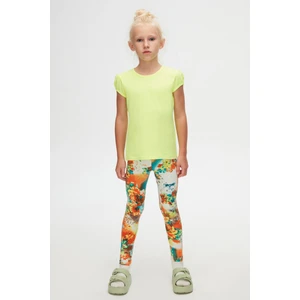 Neon Sarı Basic Kız Çocuk Sıfır Yaka Karpuz Kol Tişört