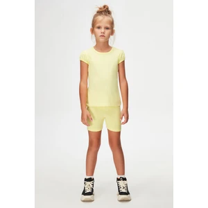 Açık Sarı Basic Kız Çocuk Sıfır Yaka Karpuz Kol Tişört