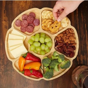 Ahşap Sunumluk - 7 Bölmeli Doğal Ahşap Kahvaltı Tabagı - Ahşap Çerezlik