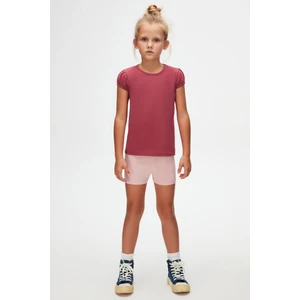 Açık Mürdüm Basic Kız Çocuk Sıfır Yaka Karpuz Kol Tişört