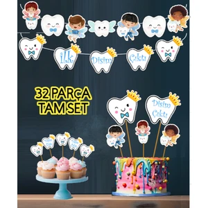 Hiras Dizayn 32 Parça Tam Set Ilk Dişim Çıktı Diş Buğdayı Erkek Süs  Seti Banner Pasta Kürdanı Cupcake Süsü Seti
