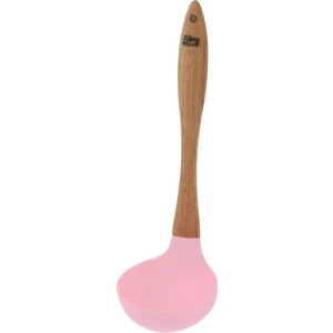 Ahşap Saplı Ucu Silikon Servis Kepçesi Isıya Dayanıklı Yanmaz Yapışmaz Çorba Kepçesi 27 cm Pembe