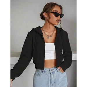 Vona Nova Kadın Fermuarlı Kapüşonlu Rahat Kesim Crop Içi Polarlı Örme Sweatshirt Hırka
