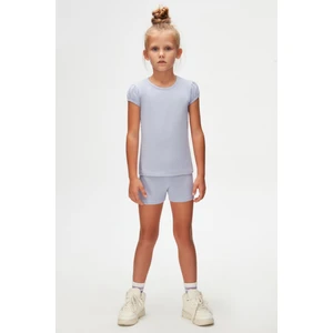 Açık Lila Basic Kız Çocuk Sıfır Yaka Karpuz Kol Tişört