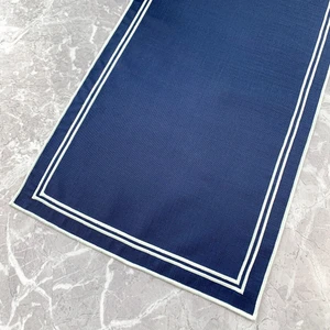 Lacivert Renkli Beyaz Çift Çizgi Nakışlı 40 x 110  cm  Keten Efektli Runner