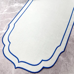 Mavi Renkli Çift Sargı Nakışlı 40 x 140  cm  Keten Efektli Runner