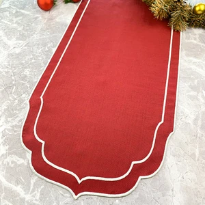 Bordo Renkli Beyaz Çift Sargı Nakışlı 40 x 140  cm  Keten Efektli Runner