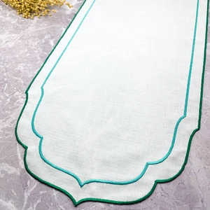 Yeşil ve Turkuaz Renkli Pip Studio Uyumlu Çift Sargı Nakışlı 40X140 cm Keten Efektli Runner