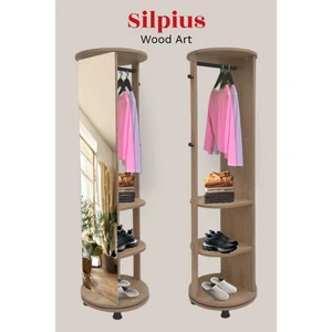 Silpius | Meşe Boy Aynalı 360 Derece Döner Portatif Çok Amaçlı Portmanto Askılık Vestiyer Organizer