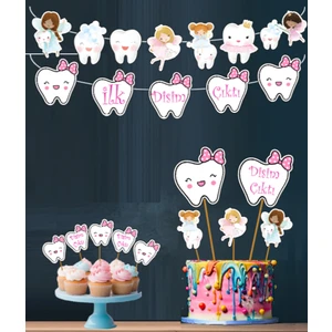 Hiras Dizayn 32PARÇA Ilk Dişim Çıktı Kız Diş Buğdayı Seti Banner Pasta Kürdanı Cupcake Süsü Seti