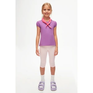 Açık Mor Basic Kız Çocuk Sıfır Yaka Karpuz Kol Tişört