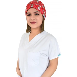 Nur Ortopedi Kırmızı Ayıcık Desenli Doktor Hemşire Hastane Aşçı Cerrahi Bonesi