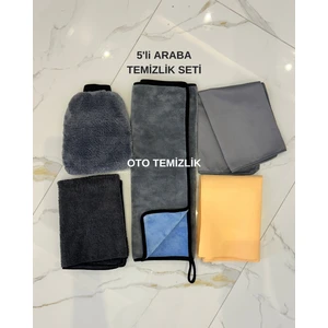 5'li Oto Yıkama Seti Mikrofiber Kurulama Bezi, Güderi Bez, Araba Yıkama Eldiveni, Cam Bezi 70X50 cm