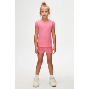 Şeker pembe Basic Kız Çocuk Sıfır Yaka Karpuz Kol Tişört