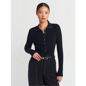 Kadın Dik Yaka Çıtçıtlı Triko Siyah Kazak - 10686