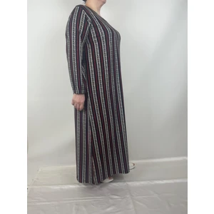 Kadın Siyah Kırmızı Bej Desenli V Yaka  Uzun Kollu Kol Bilekleri Lastikli Süet Mevsimlik Anne Elbise