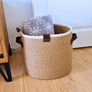 Deri Saplı Jüt Hasır Sepet, Çok Amaçlı Sepet, Saksı Sepeti, Organizer, Hasır DÜZENLEYICI,35 x 30 cm