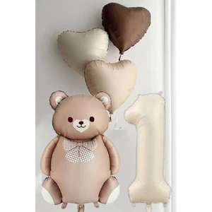 Atölye Mi 1 Yaş Doğum Günü Karamel Papyonlu Ayı ve 3 Retro Kalp Balonlu Balon Seti