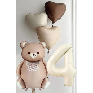 Atölye Mi 4 Yaş Doğum Günü Karamel Papyonlu Ayı ve 3 Retro Kalp Balonlu Balon Seti