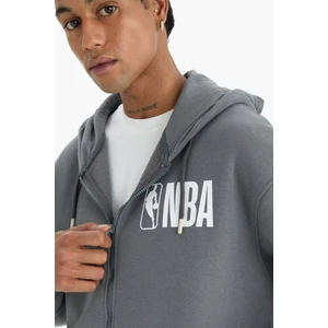 DeFactoFit NBA Wordmark Oversize Geniş Kalıp Cepli Kalın Fermuarlı Sweatshirt