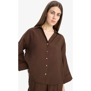 Loose Fit Apaşk Yaka Basic Düz Uzun Kollu Gömlek E9007AX25SP