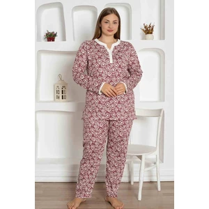 Kadın Çiçek Desen V Açık Yaka Düğmesiz %100 Pamuk Penye Ince Yazlık Uzun Kol Pijama Takımı