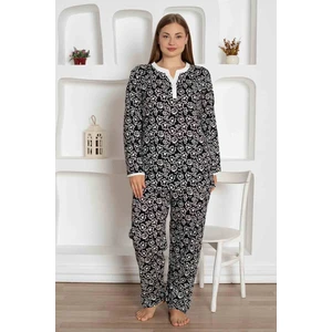 Kadın Çiçek Desen V Açık Yaka Düğmesiz %100 Pamuk Penye Ince Yazlık Uzun Kol Pijama Takımı