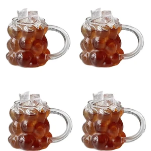 Mis Kitchen 4 Adet  Boncuk Üzüm Tasarımlı Filtre Kahve ve Soğuk içecek Bardağı 4 Tane Eğimli Cam Pipetli