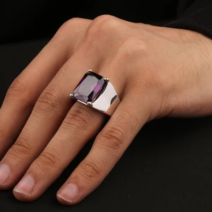 925 Ayar Gümüş Ametist Taşlı Sade Erkek Yüzük