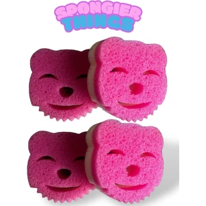 Avantajlı Paket 4’lü Pembe Scrub + Sponge Çift Taraflı Ovucu Bulaşık Süngeri, Gülen Kedi Yüz Sünger