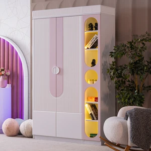 Gardırop, Vira 2 Kapaklı Dolap ve Ledli Kitaplık - Pembe