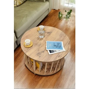 Yuvarlak Orta Sehpa Ahşap Ayaklı Sehpa Iki Raflı Sehpa Dekoratif Sehpa Gazetelikli