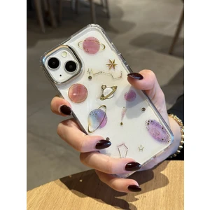 Paladyum Case Apple iPhone 13 ve 14 Uyumlu Gezegen Uzay Astroloji Figürlü Simli Şeffaf Kılıf