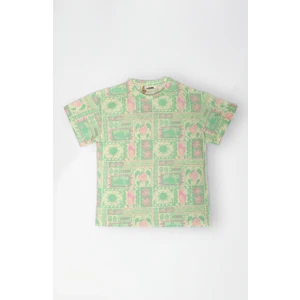 Çocuk Desenli Yeşil Oversize Kısa Kol T-Shirt
