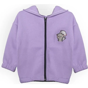 Kız Çocuk %100 Pamuklu Kedi Nakışlı Kışlık Hırka  -Lila (3-4 Yaş 8-9 Yaş)