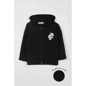 Unisex Çocuk %100 Pamuklu Kedi Nakışlı Kışlık Waffle Hırka -Siyah (3-4 Yaş 8-9 Yaş)