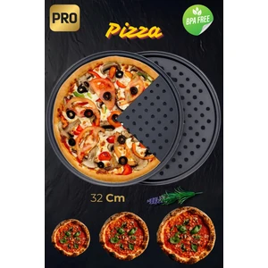 Paslanmaz Karbon Çelik , Delikli,  Yanmaz Yapışmaz 32 cm Büyük Boy Pizza ve Lahmacun Tepsisi