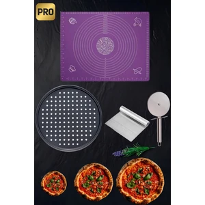Pizza Yapım Seti – Yapışmaz Tepsi, Pizza Kesici Rulet, Metal Spatula ve Silikon Hamur Matı