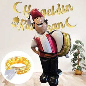 Ramazan Davulcusu Ayakta Durabilen Folyo Balon+Led Işık+Hoş Geldin Ramazan Kaligrafik Uzar Yazı