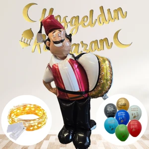 Ramazan Davulcusu Ayakta Durabilen Folyo Balon ve LED Işık Hoşgeldin Ramazan Uzar Yazı ve Balon Set