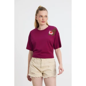 2150-21 Çiçek Nakışlı Tişört Bordo