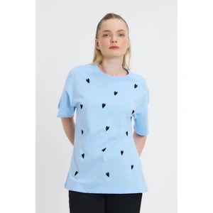 2150-11 Kalp Nakışlı Bisiklet Yaka Tişört Mavi