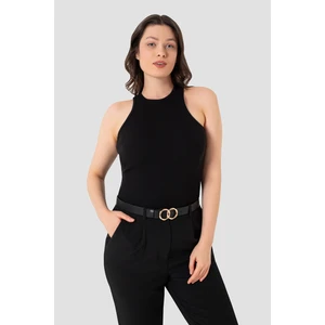 Kadın Pamuklu Fitilli Görünümlü Halter Yaka Basic Siyah Atlet