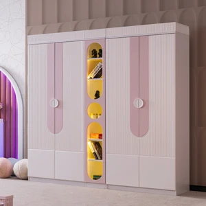 Gardırop, Vira 4 Kapaklı Dolap ve Ledli Kitaplık - Pembe