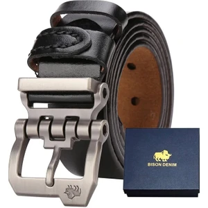 Bison Denim Kemer Erkek Fermuarlı Deri Italyan Siyah