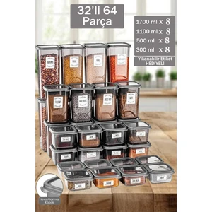 Florit 32'li 64 Parça Kapaklı Kare Erzak Saklama Kabı Seti 8x(0,3 Lt-0,5 Lt-1,1 Lt-1,7 Lt)Baharatlık